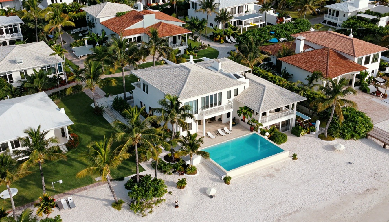 Aerial view of a beachfront estate with turquoise pool and private pier