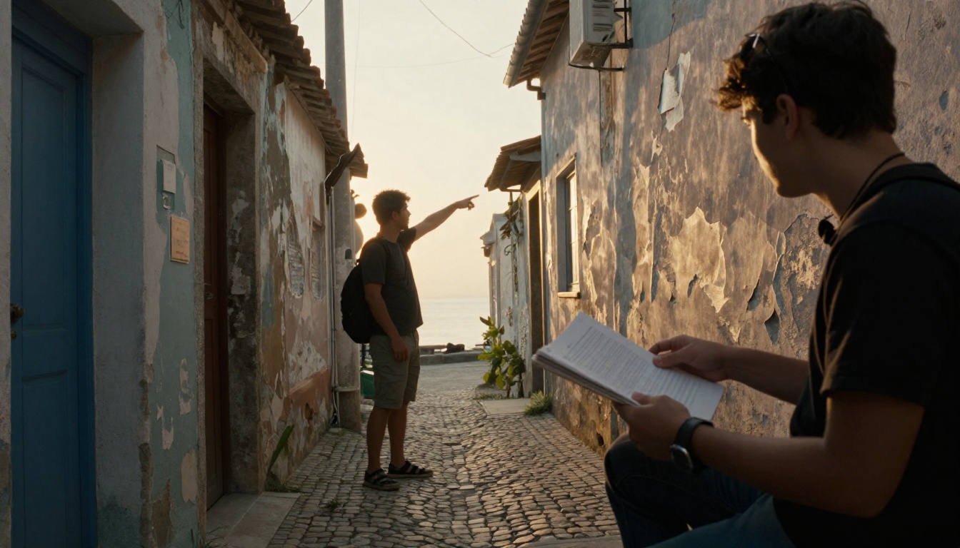 Film crew scouting a weathered seaside alley at golden hour