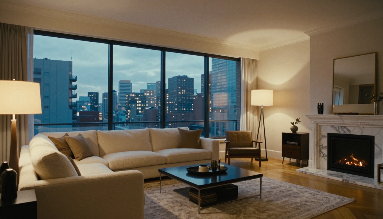 Luxury penthouse living room with skyline view at dusk
