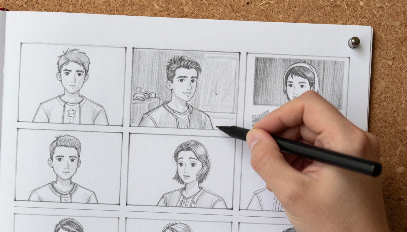 Storyboard pages pinned beside character reference photos