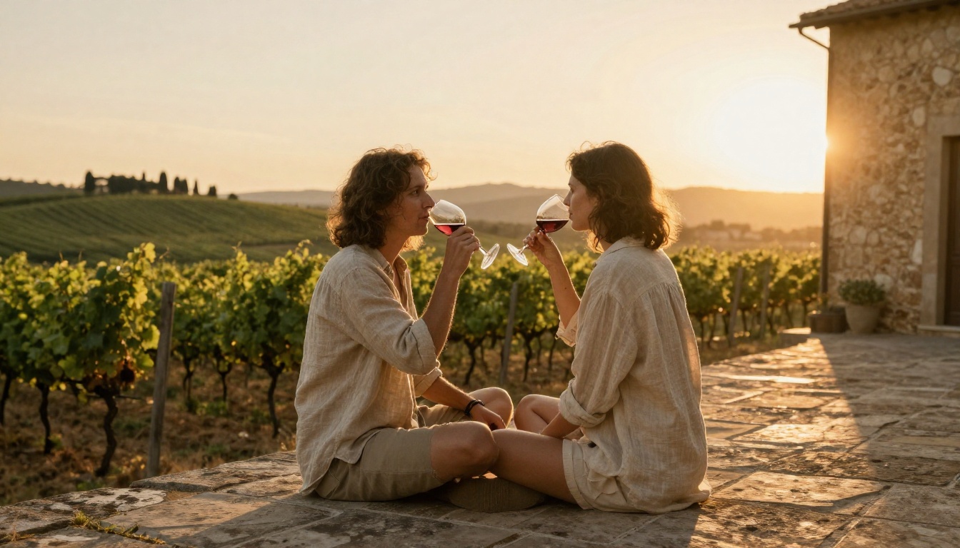Couple sipping wine on a stone terrace at sunset