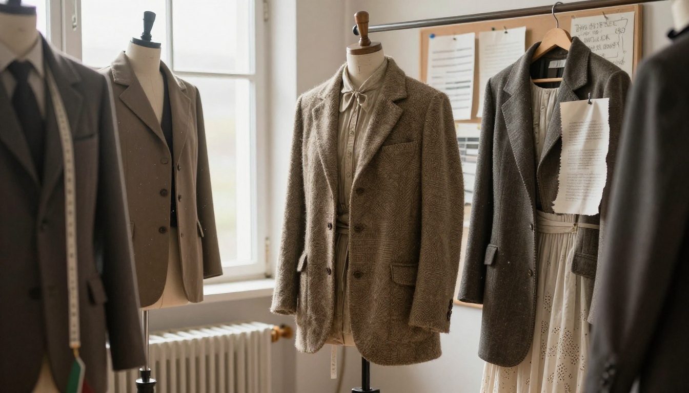 Costume rack with period jackets and fabric swatches