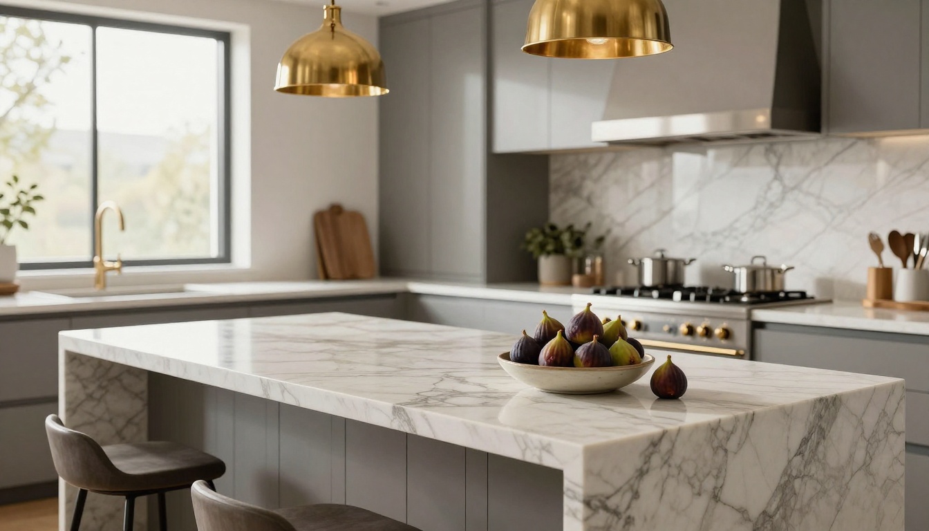 Gourmet kitchen with waterfall island and brass pendants