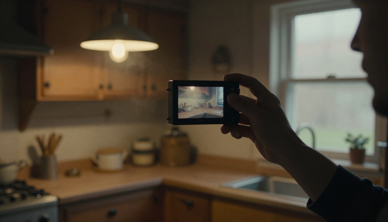 Cinematographer framing a dim rustic kitchen interior