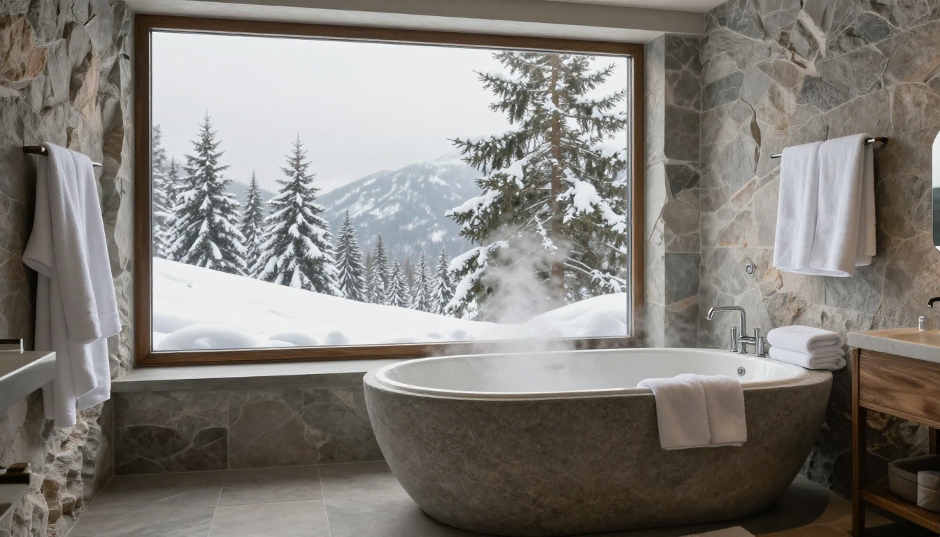 Spa-style bathroom with freestanding tub overlooking snowy pines