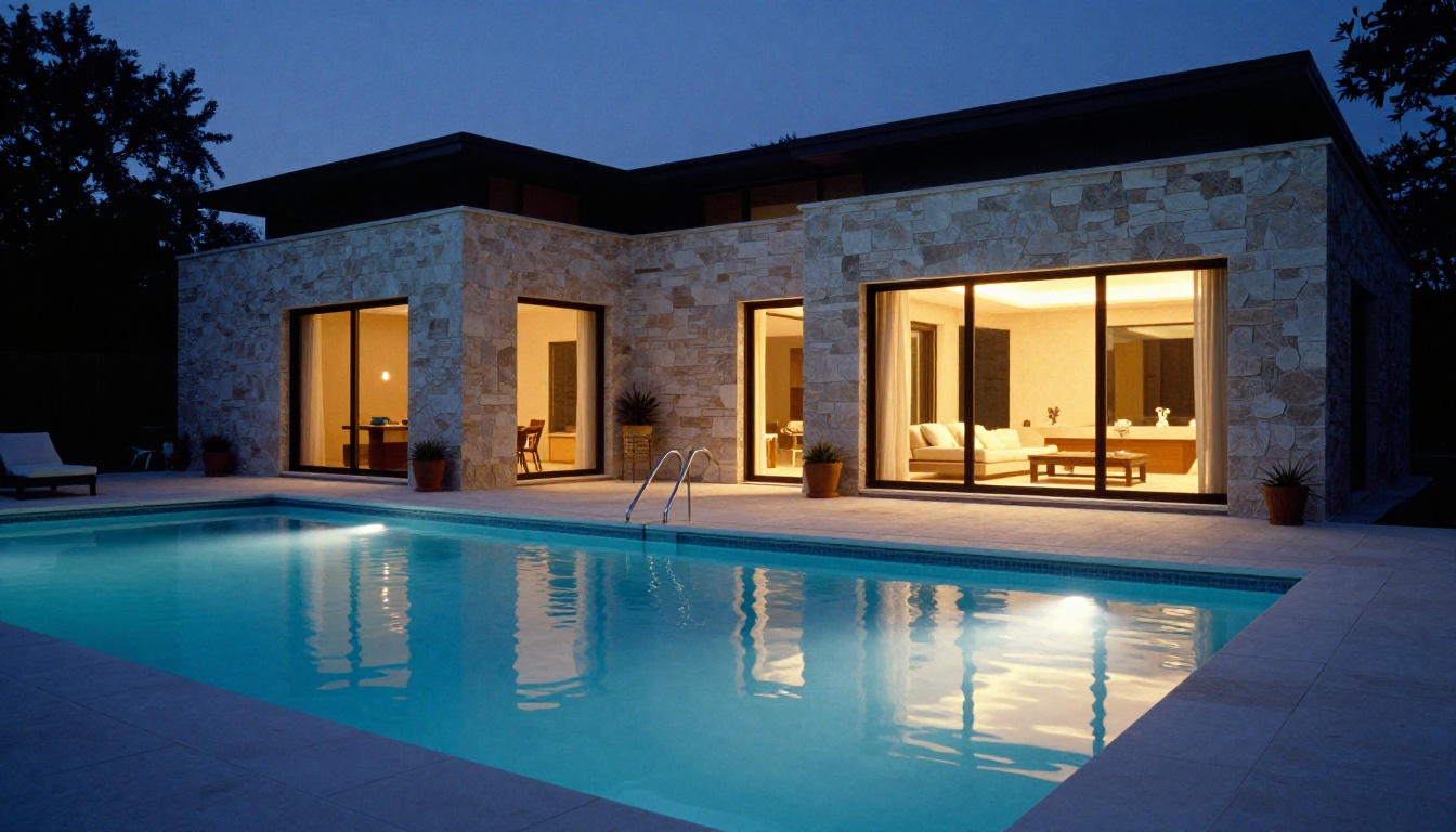 Twilight exterior of a glass-walled mansion with lit pool