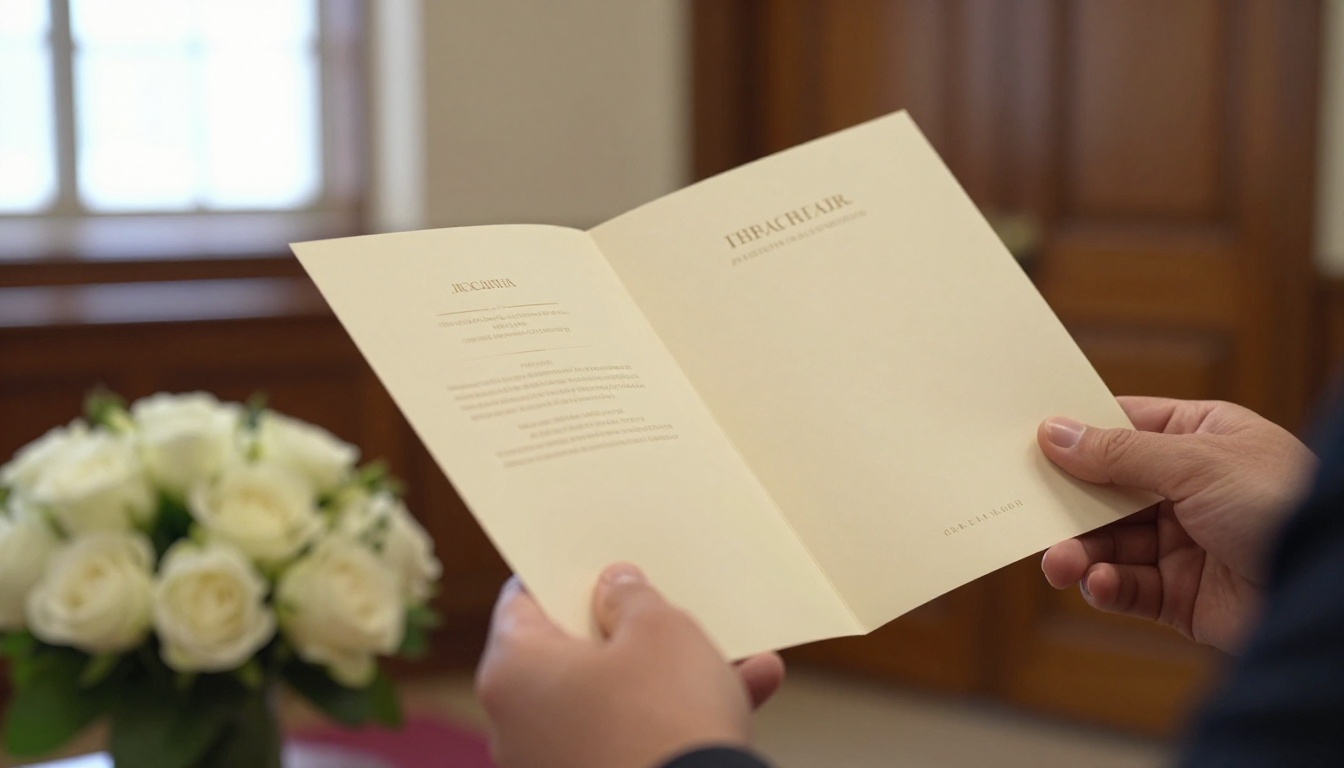 A folded funeral program held in both hands beside white roses A folded funeral program held in both hands beside white roses