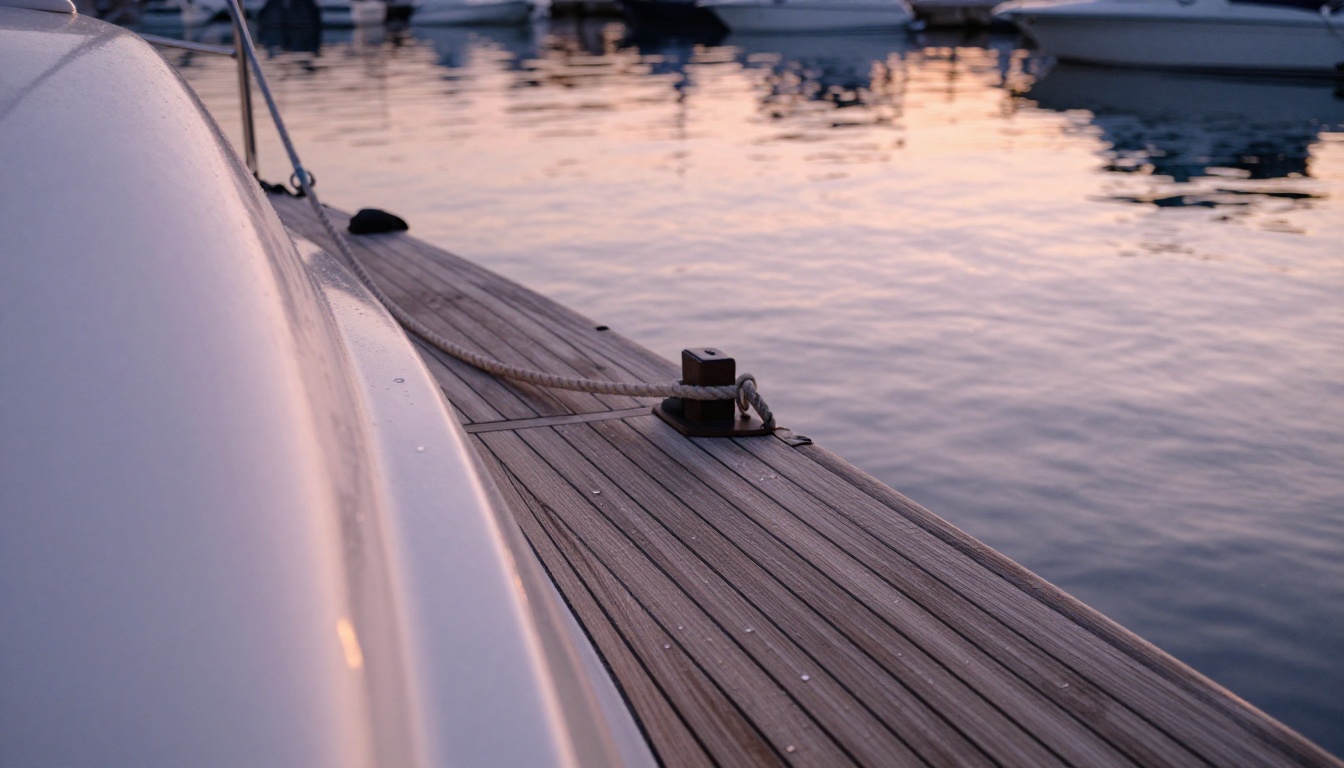 Sunrise at a private dock with polished teak deck