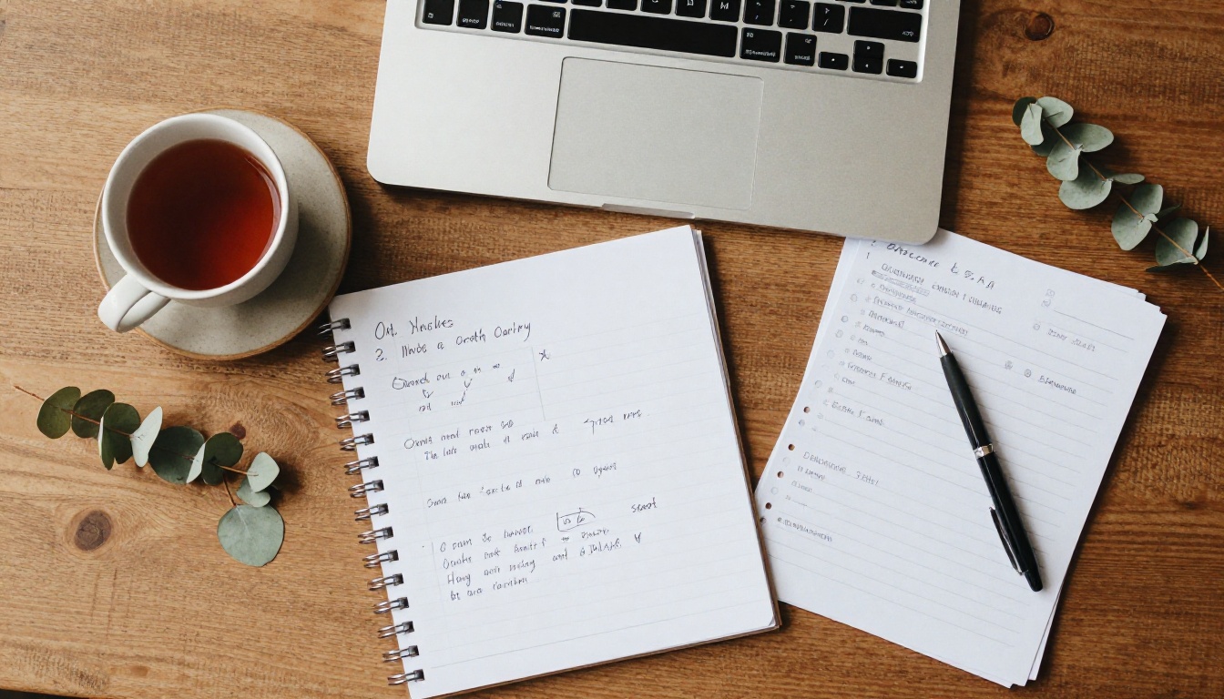 An overhead view of a desk with a laptop, notes and printed order of service pages An overhead view of a desk with a laptop, notes and printed order of service pages