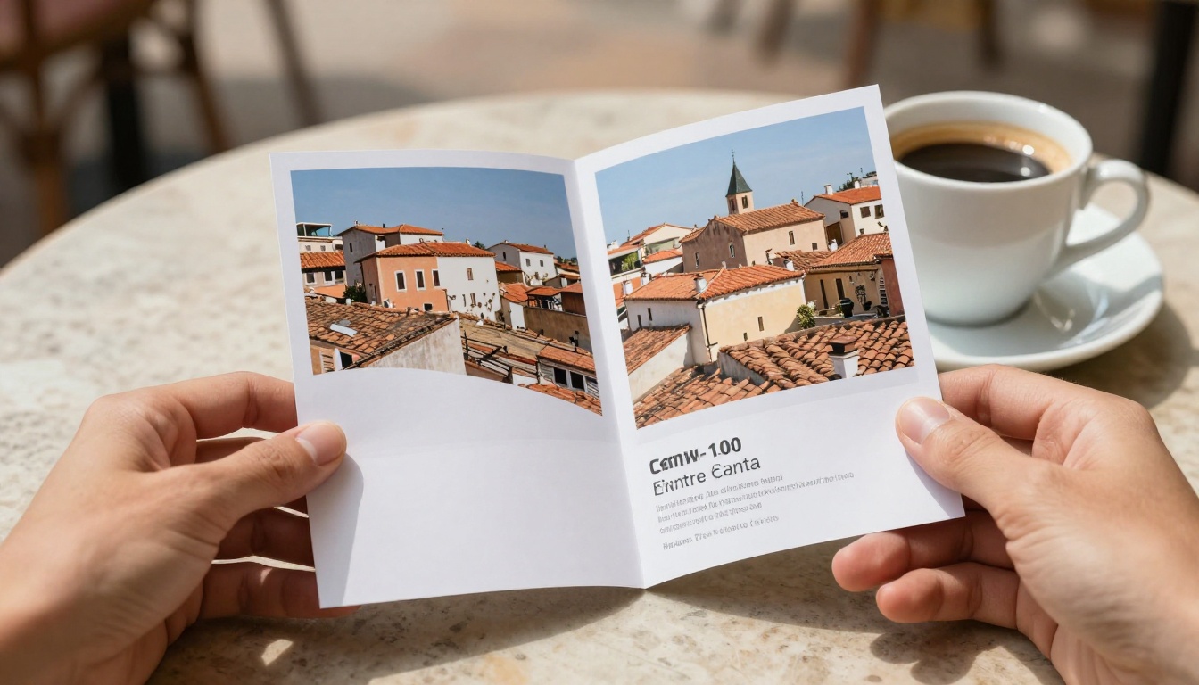 A traveler holding an open tri-fold travel brochure at a sunny plaza cafe table