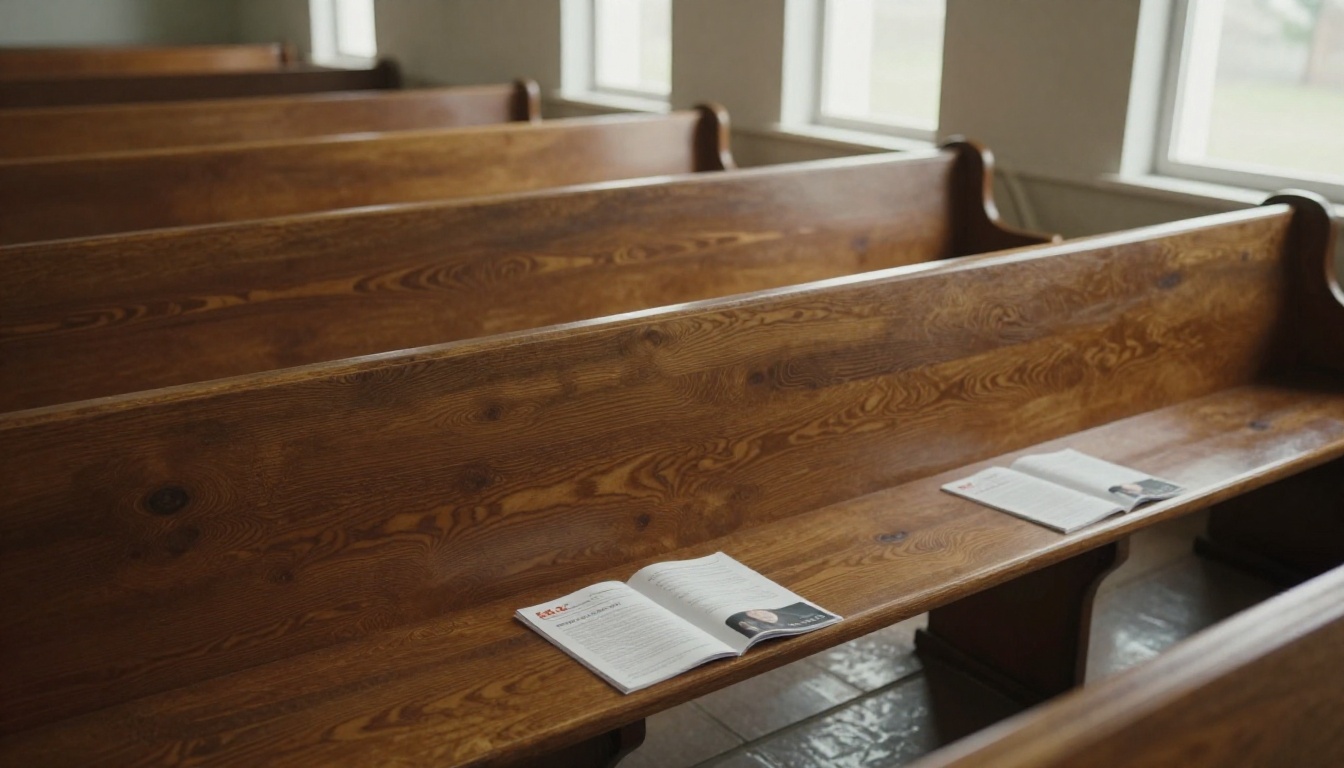 Rows of wooden church pews each with a printed program placed on the seat Rows of wooden church pews each with a printed program placed on the seat