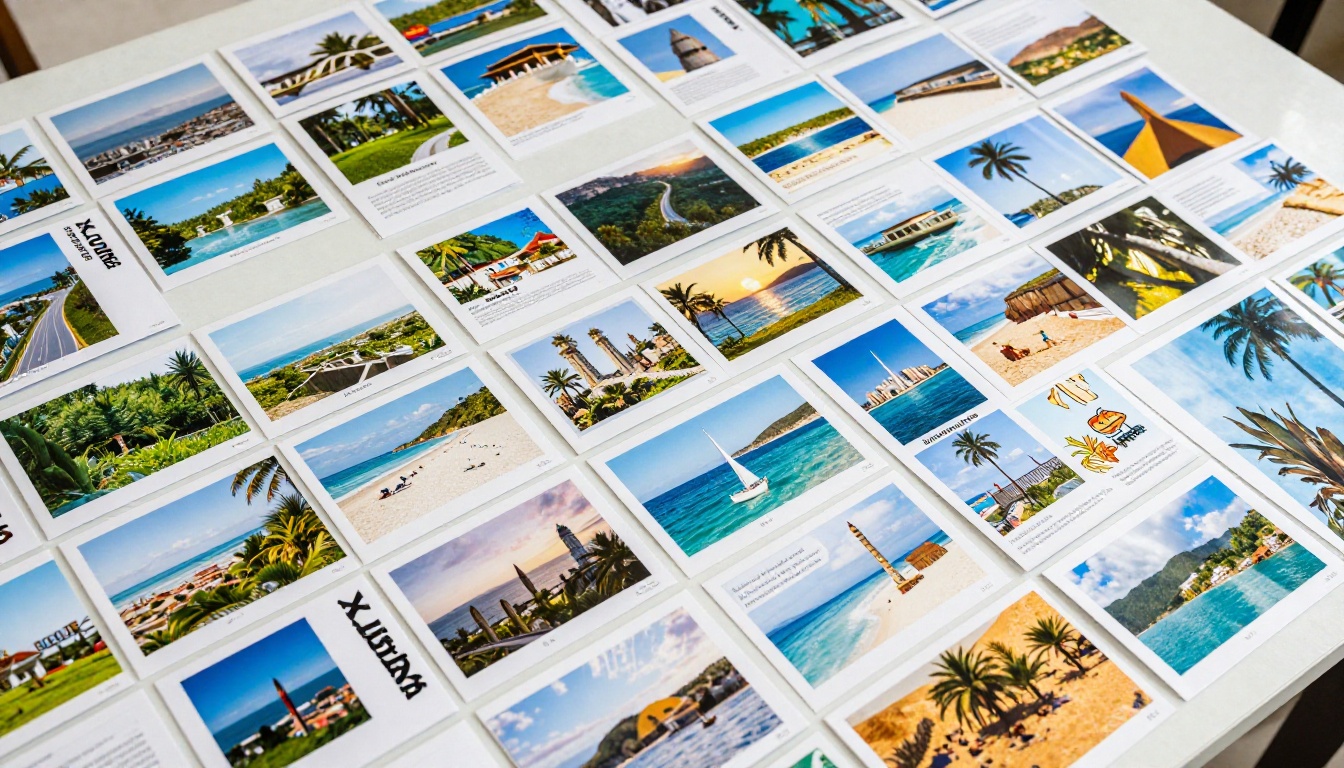 Aerial view of many tourism board brochures arranged in a grid on a table
