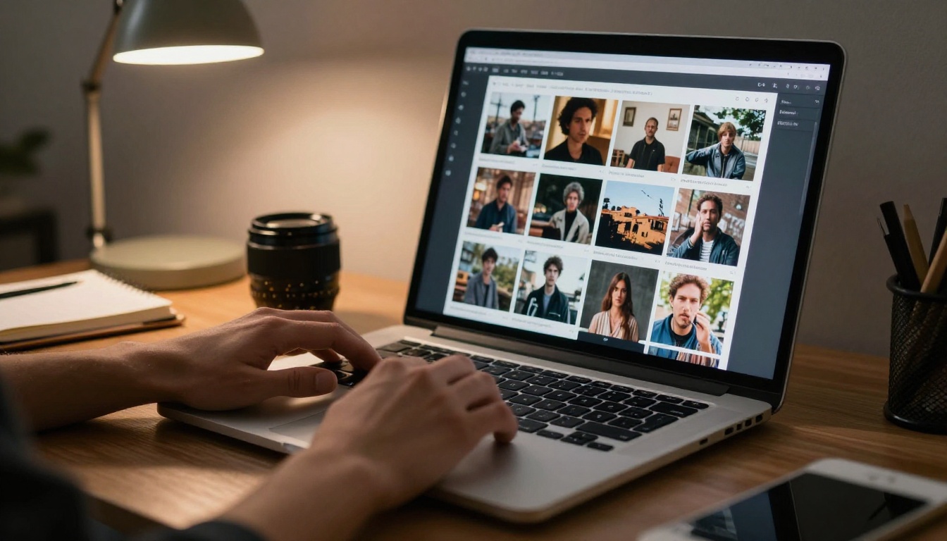 Laptop showing a page-turning digital portfolio of film stills