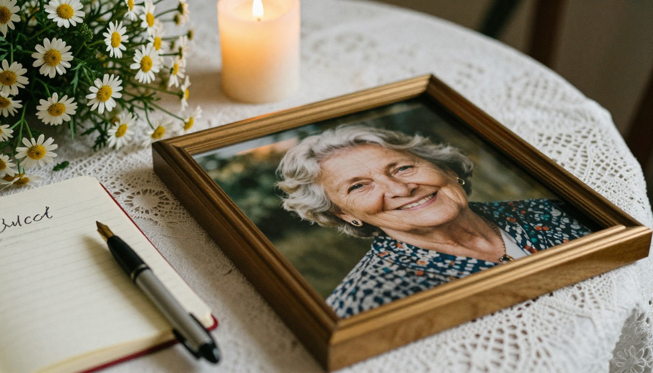 Framed portrait of an elderly woman on a memorial table with daisies and a guest book Framed portrait of an elderly woman on a memorial table with daisies and a guest book