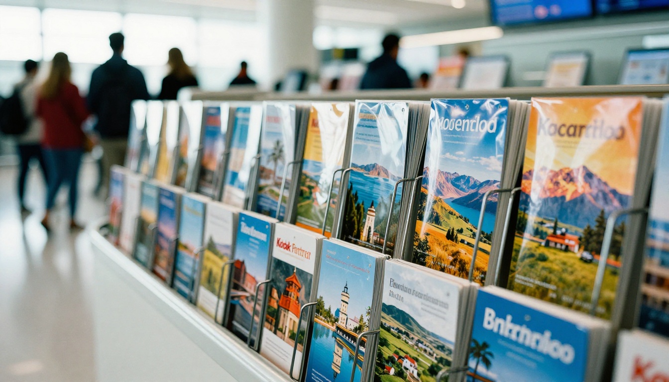 Low-angle view of a brochure rack in a bright airport tourist information kiosk