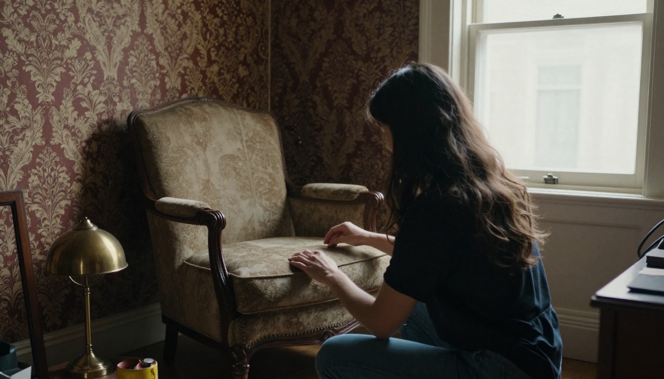 Production designer arranging props on a small set
