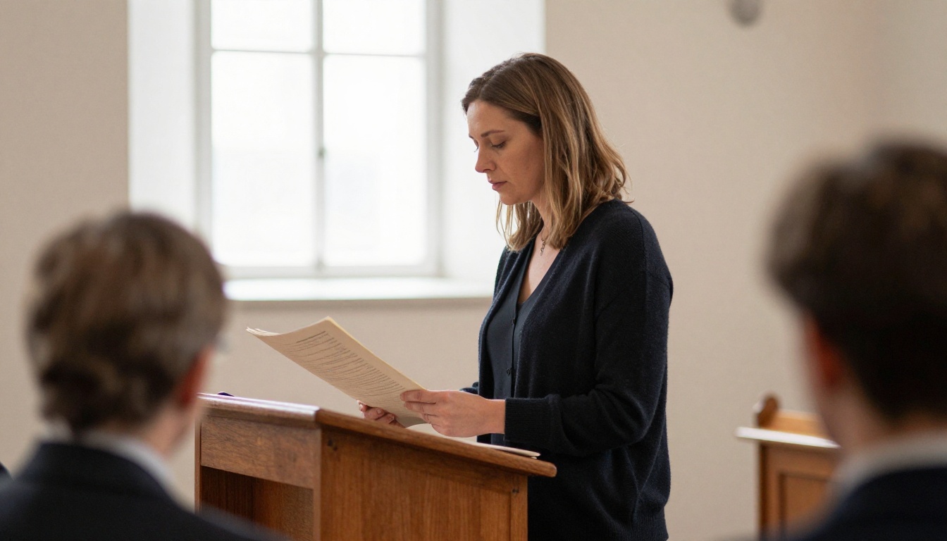 A woman reading a eulogy from a lectern in a bright chapel A woman reading a eulogy from a lectern in a bright chapel