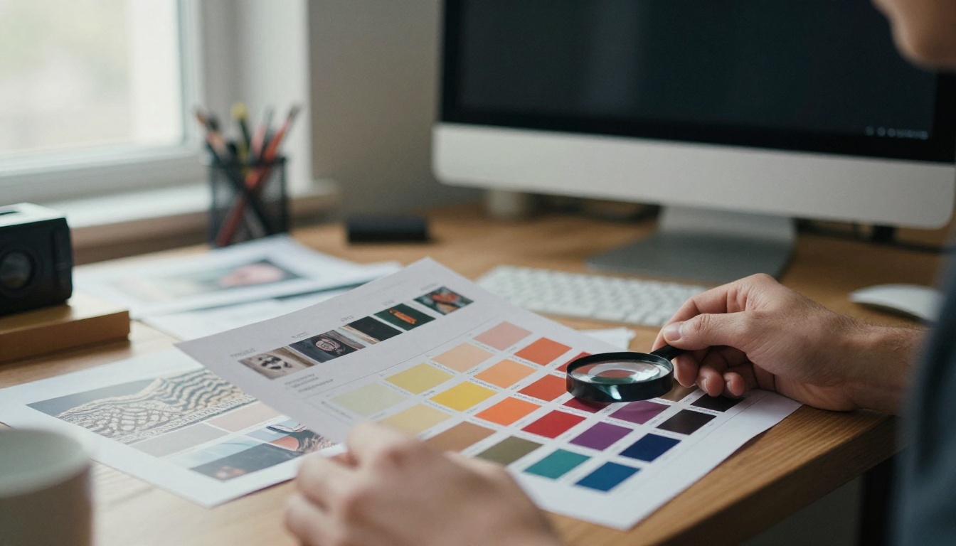 A graphic designer reviewing printed brochure proofs next to color swatches