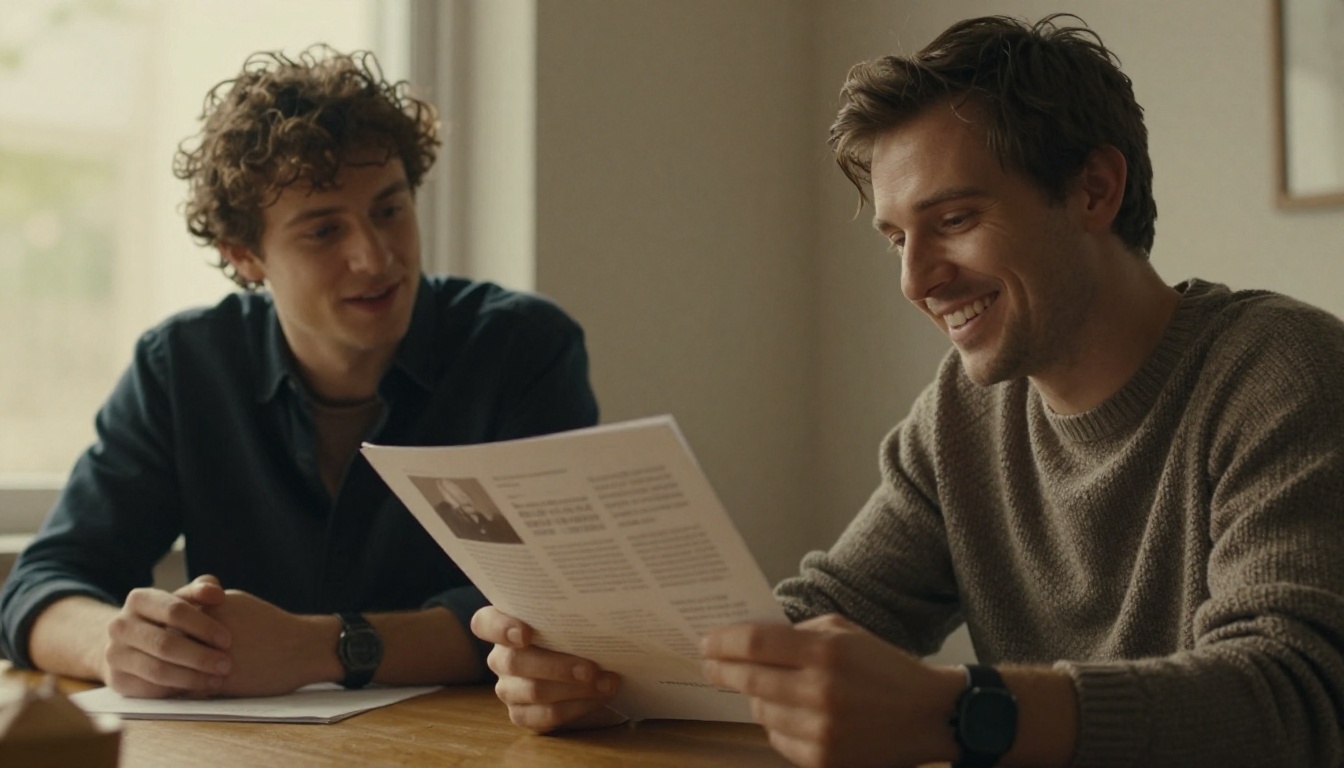 Two filmmakers celebrating quietly after a successful pitch