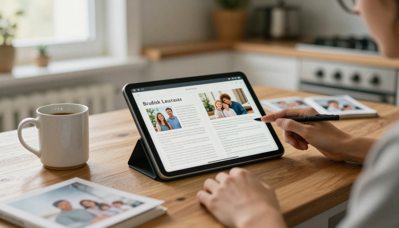 A person reading a digital page-turning booklet on a tablet at a kitchen table A person reading a digital page-turning booklet on a tablet at a kitchen table