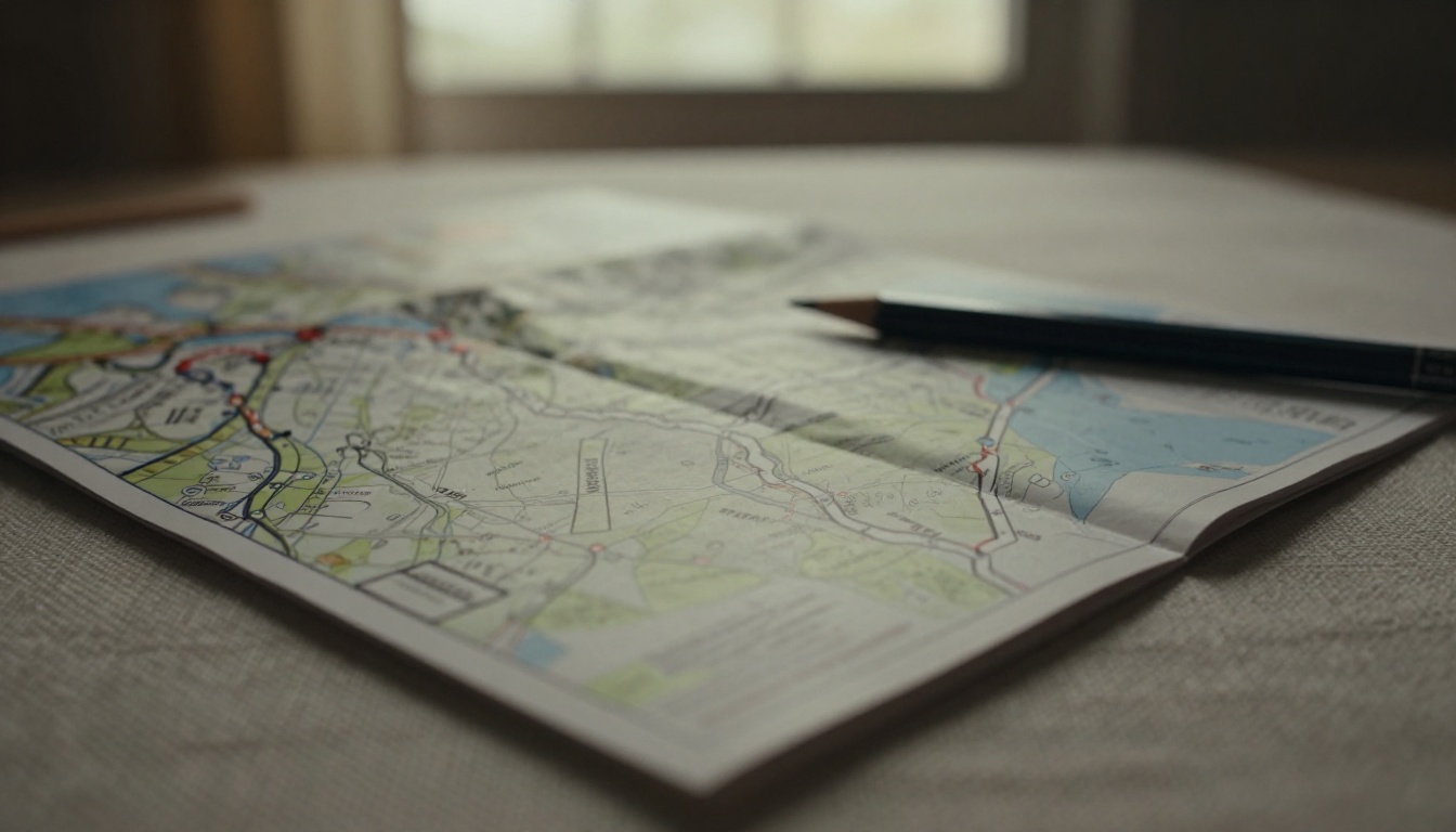 Close-up of a folded paper map with a hand-drawn route and a pencil