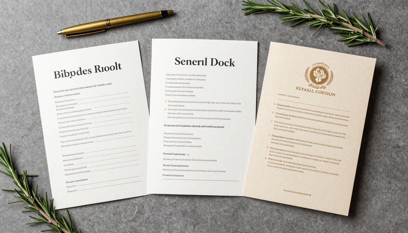 Bifold, trifold and booklet funeral programs laid flat on a stone surface Bifold, trifold and booklet funeral programs laid flat on a stone surface