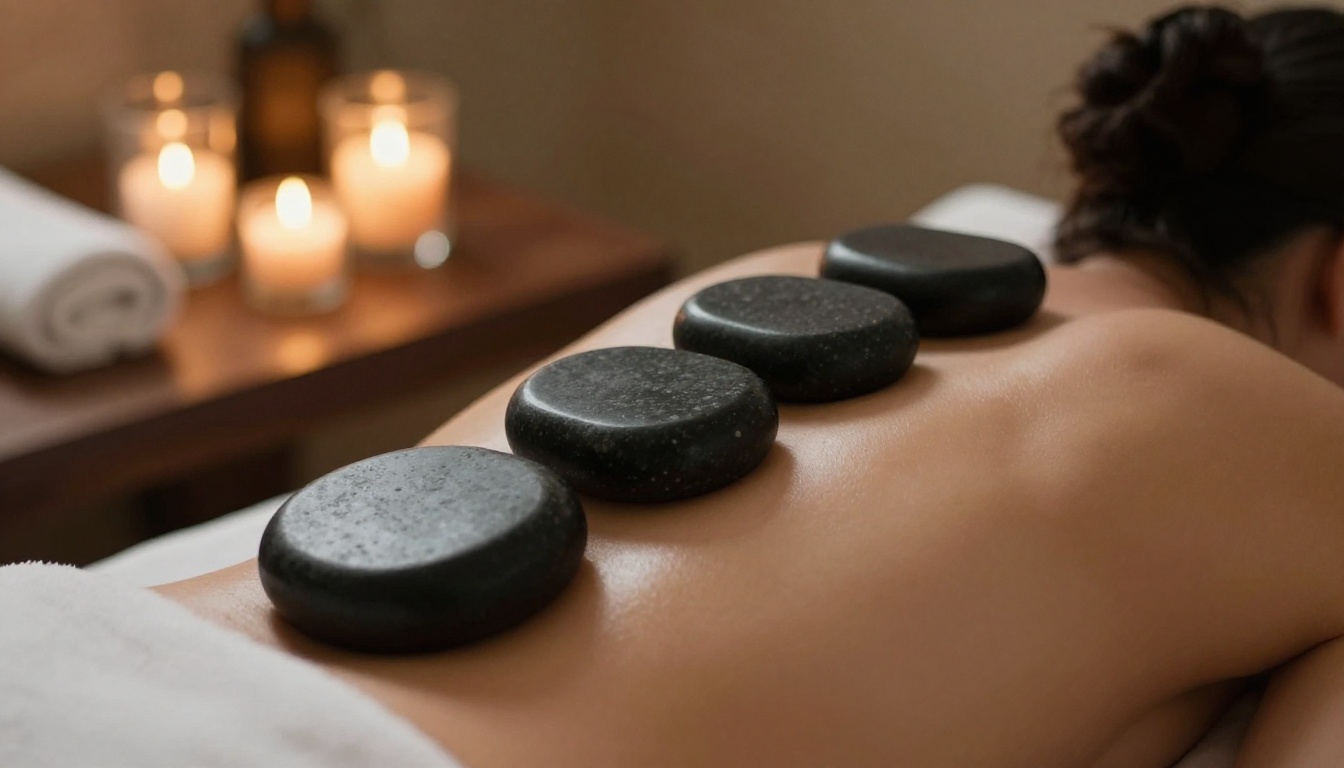 Hot stones stacked on a back with candles glowing behind