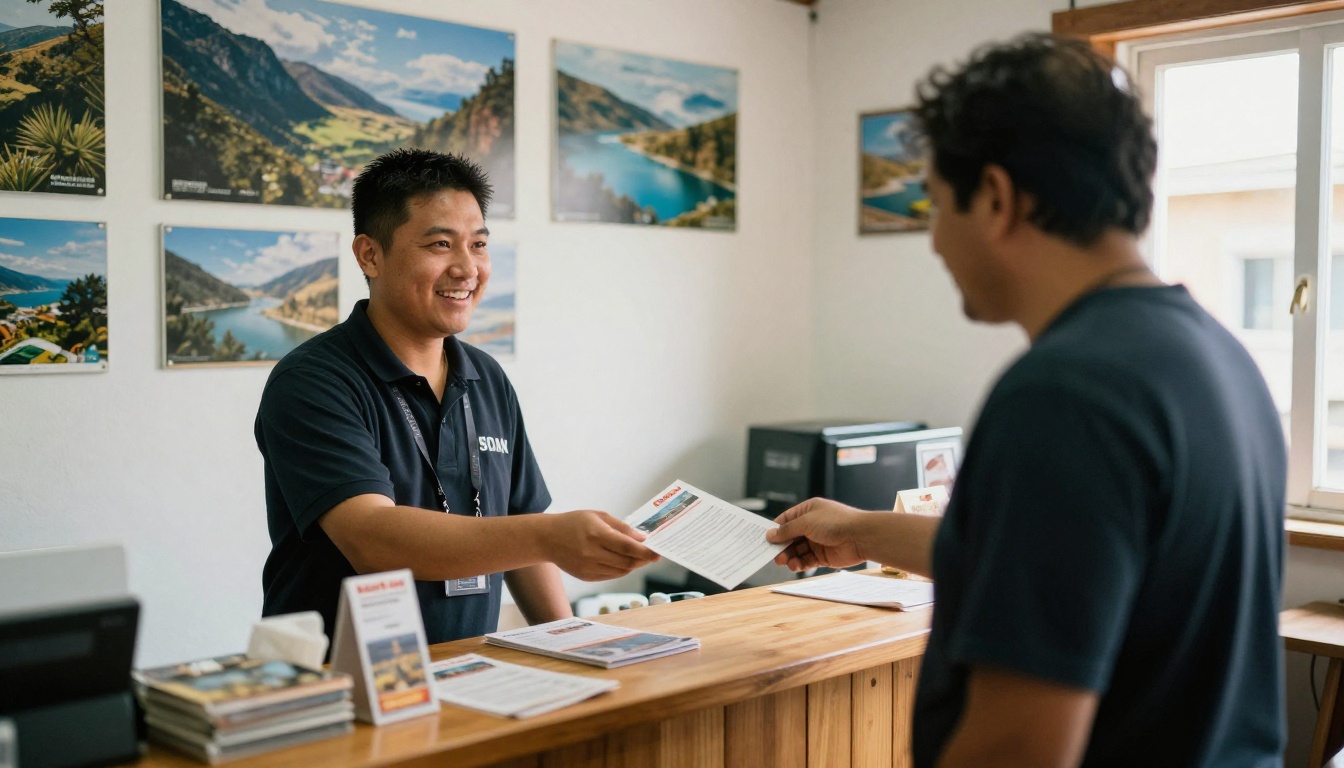 A tour operator at a counter handing a brochure to a couple in a seaside travel agency