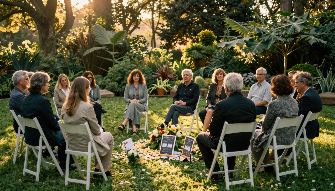 An outdoor garden memorial gathering at golden hour with guests seated on white chairs An outdoor garden memorial gathering at golden hour with guests seated on white chairs