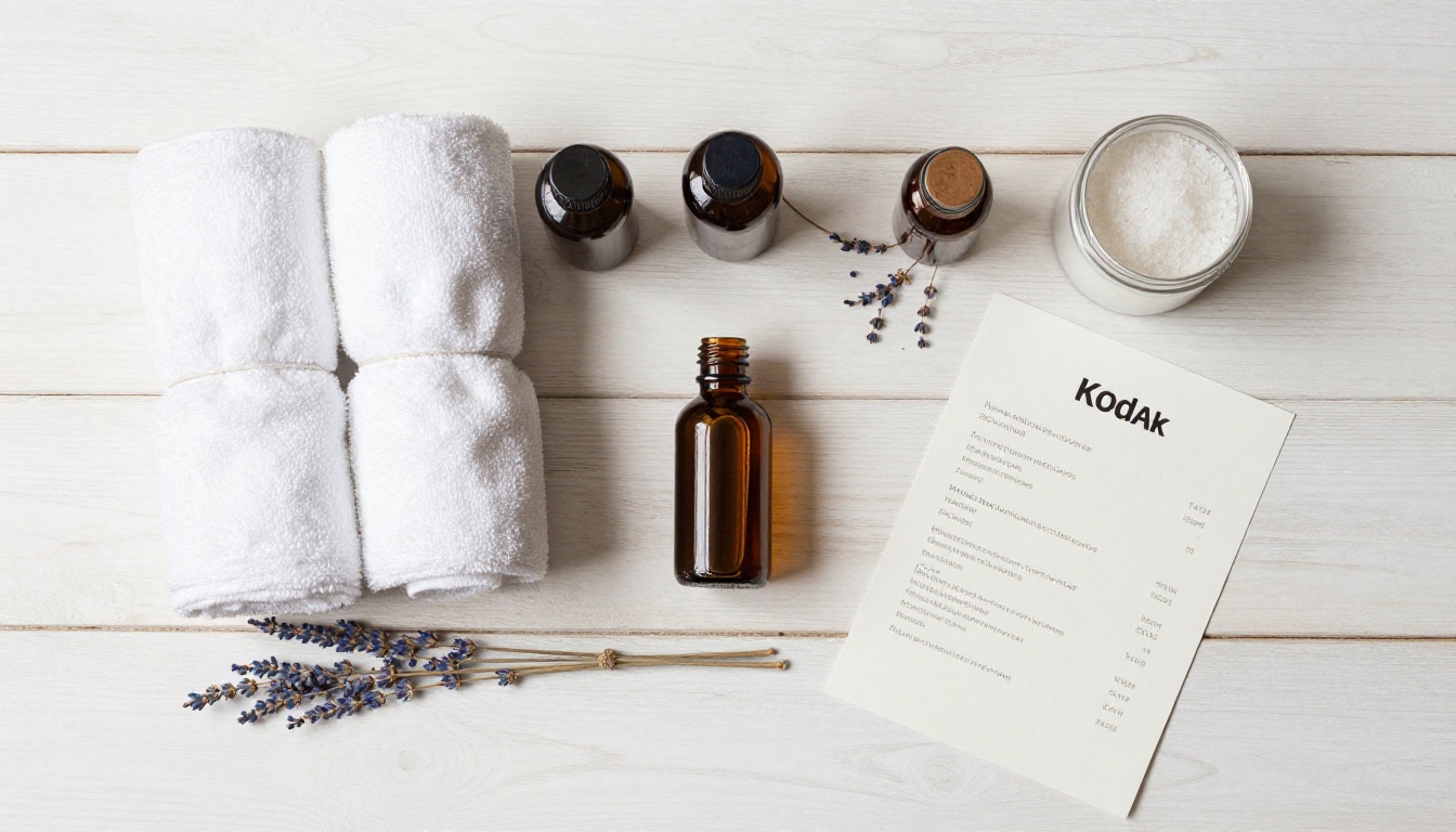 A flat lay of towels, oils and lavender representing a spa package
