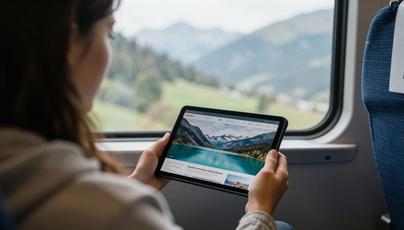 A traveler on a train reading a digital brochure on a tablet with alpine scenery outside