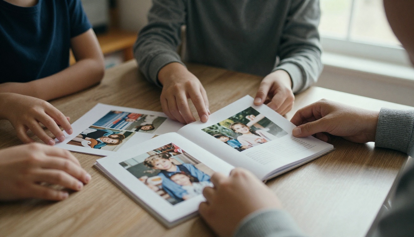 A family gathered around a table sharing a printed memorial booklet and old photographs A family gathered around a table sharing a printed memorial booklet and old photographs