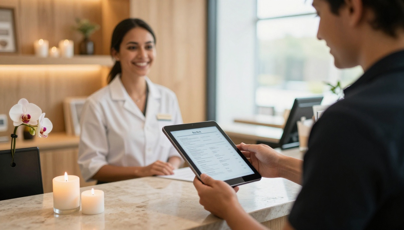 A spa client handing over a menu at a calm front desk