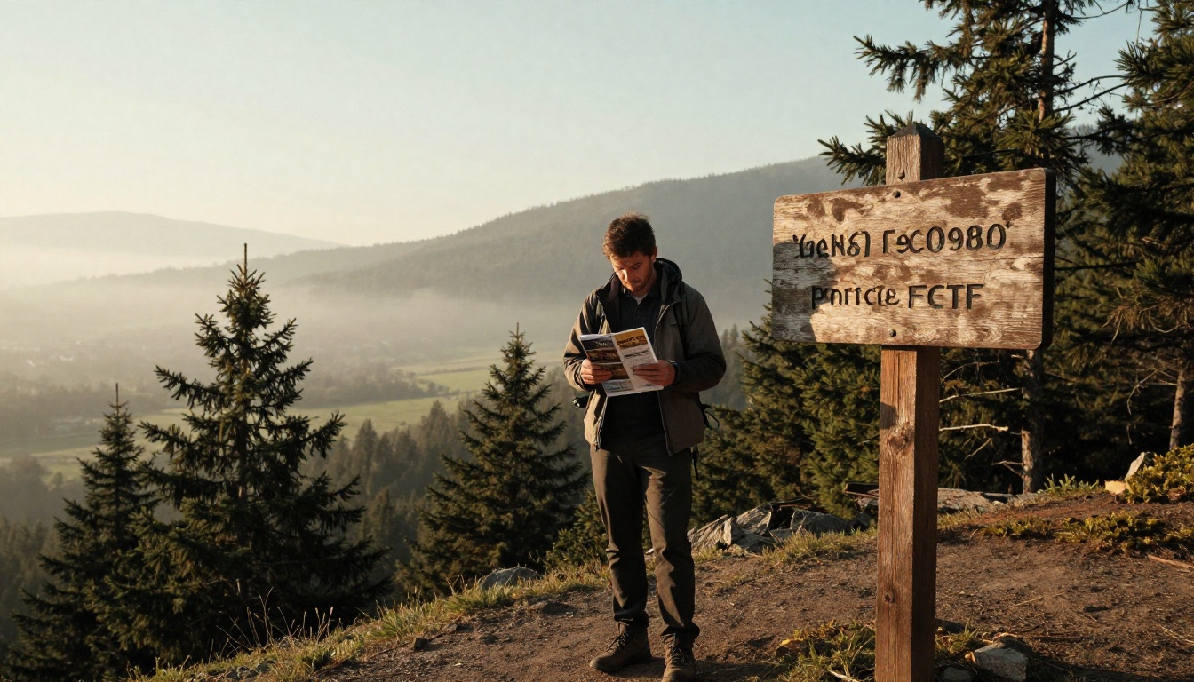A hiker at a mountain trailhead holding a printed brochure beside a wooden signpost