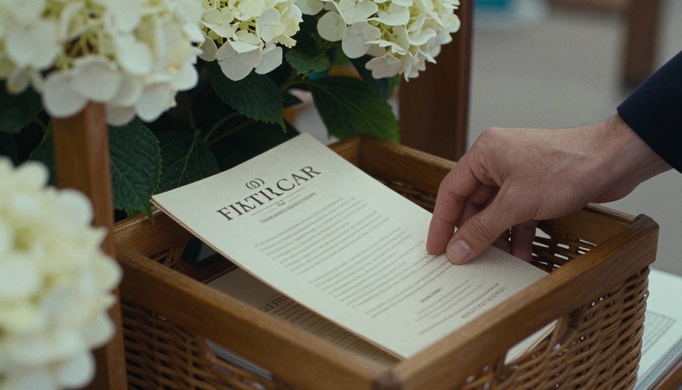 A hand placing a folded program in a basket at a chapel entrance with white hydrangea behind A hand placing a folded program in a basket at a chapel entrance with white hydrangea behind