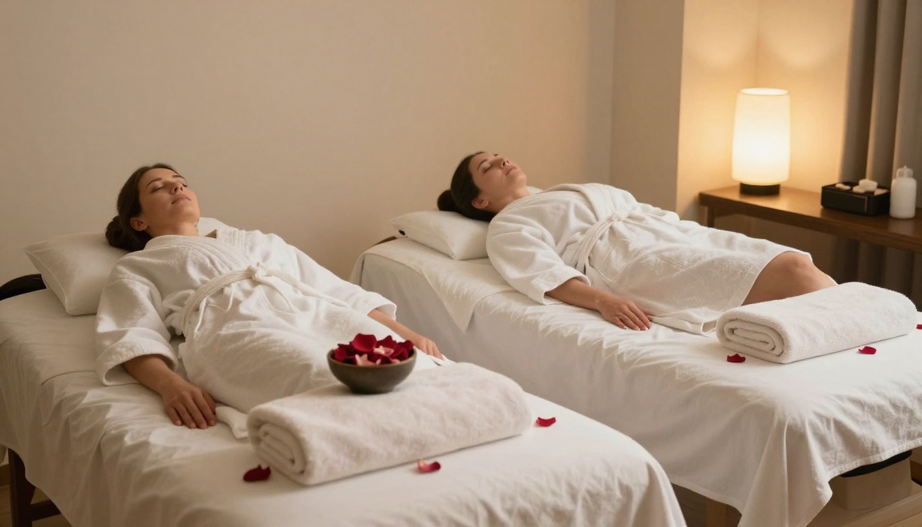 A couples massage suite with two tables and rose petals
