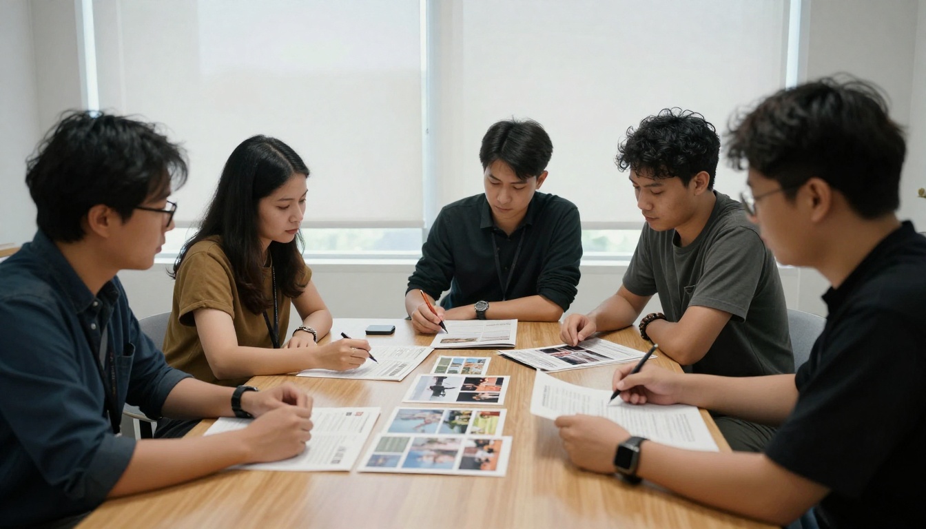 A tourism board team reviewing brochure layouts and photo prints around a table