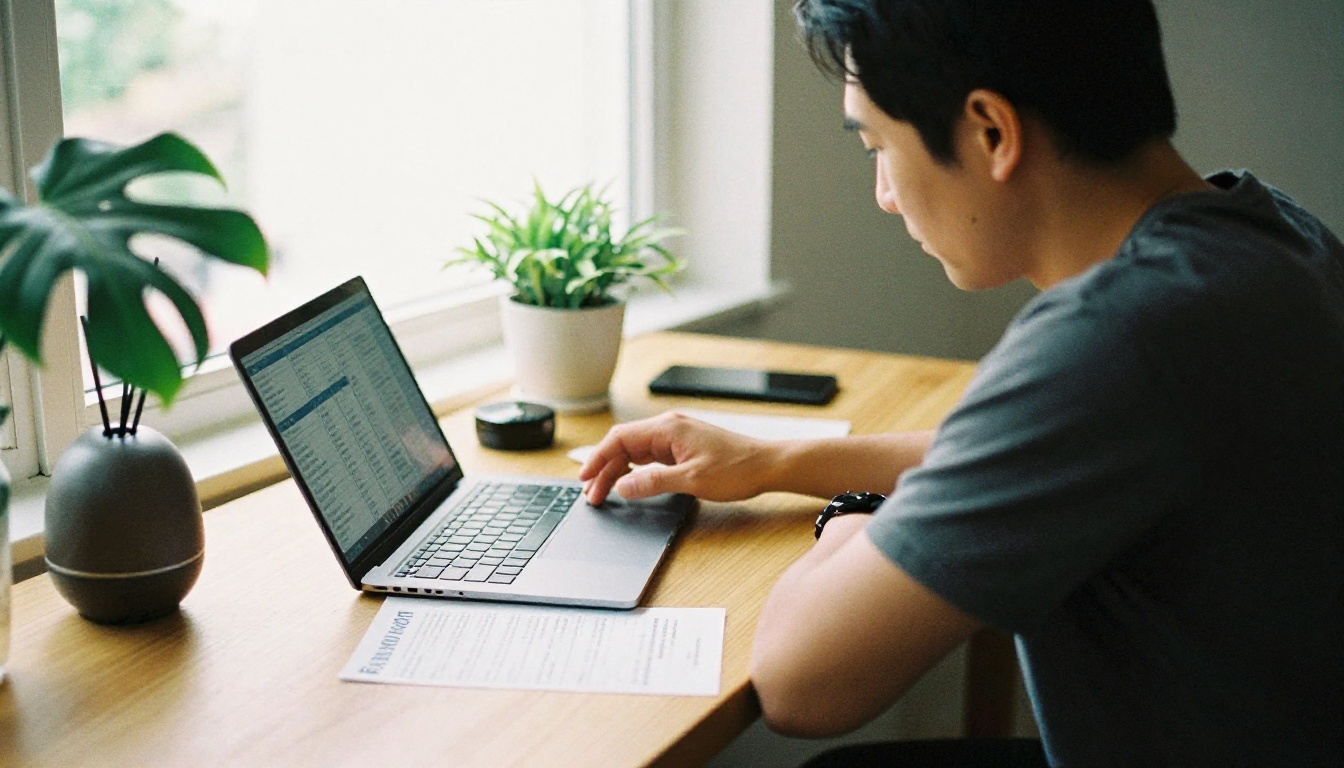 A spa owner reviewing a printed price list at a desk