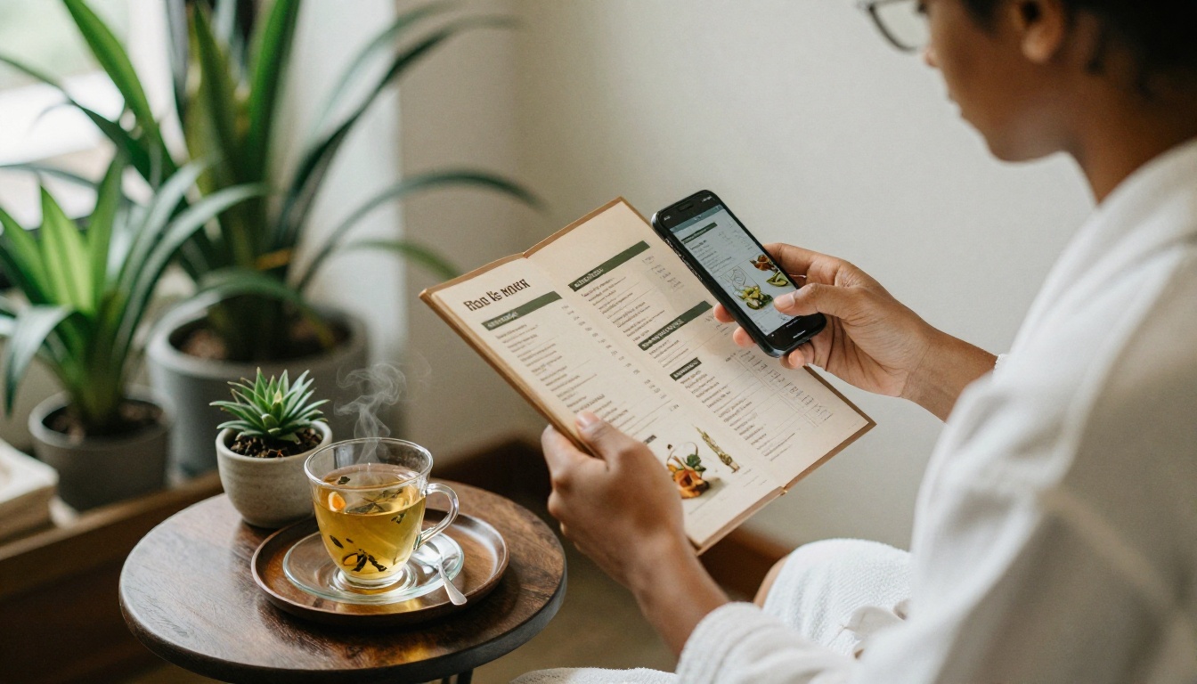 A client reading a spa menu on a smartphone in a lounge
