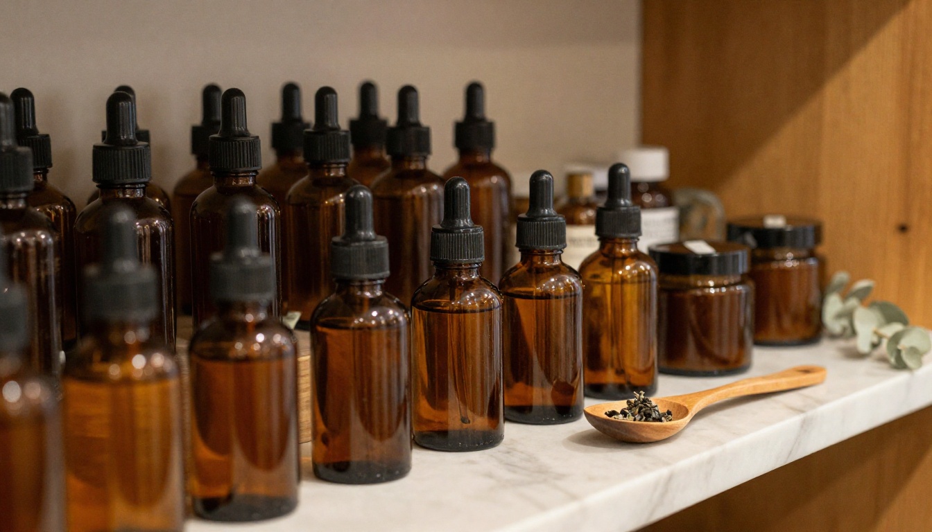 A shelf of retail spa products with amber bottles and dried eucalyptus