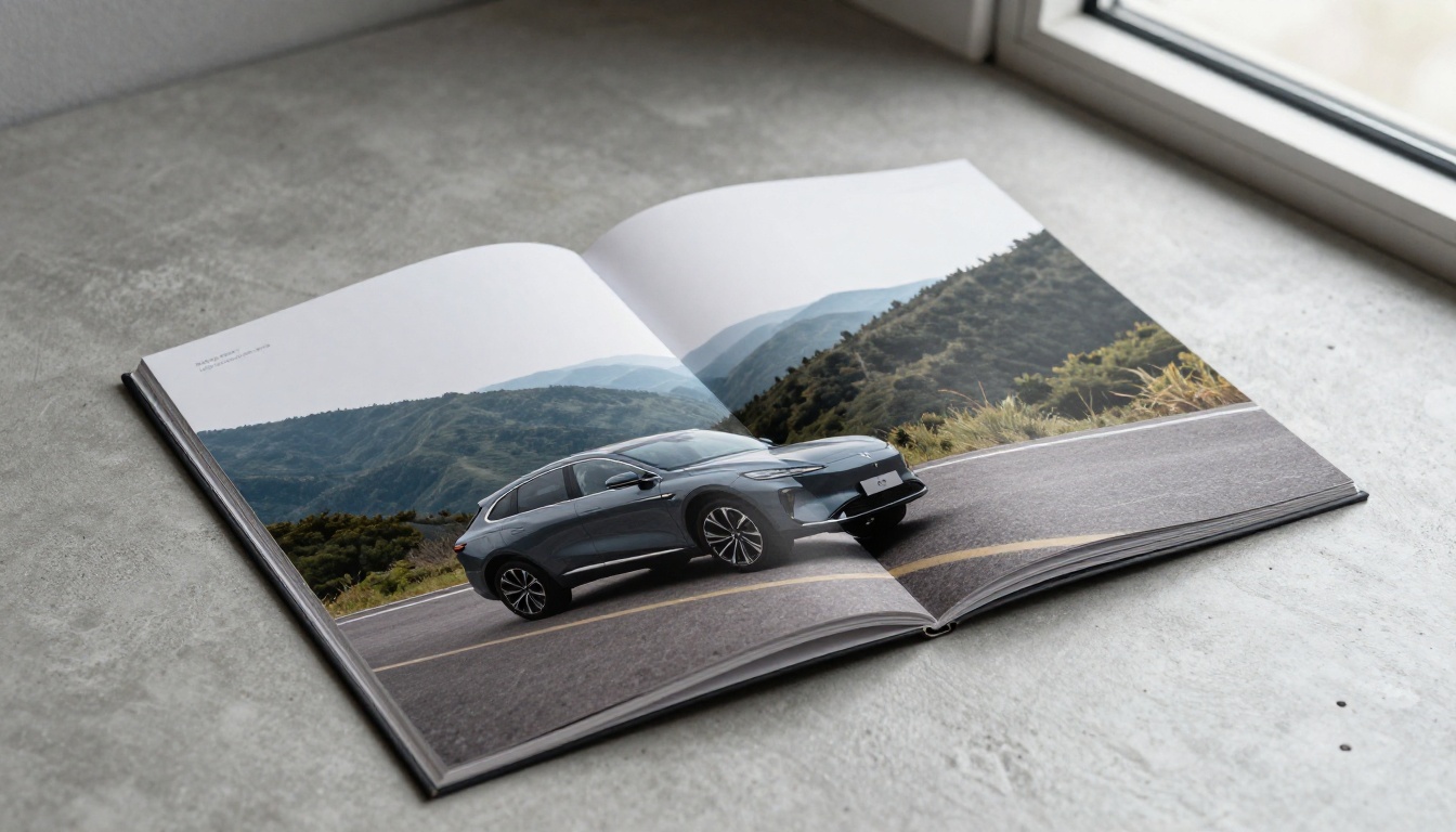 Open premium car brochure with a full-bleed SUV photograph spanning two pages