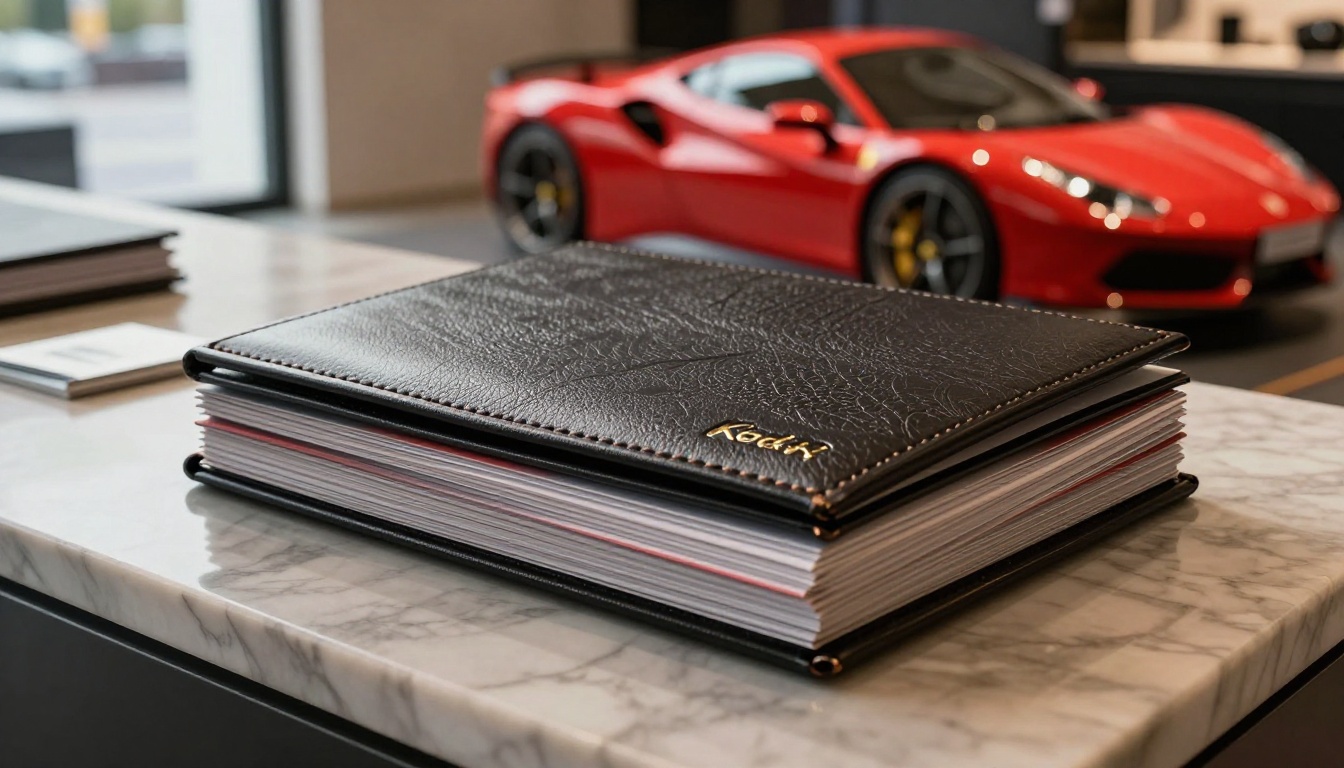 Stack of luxury car catalogs with embossed covers on a marble showroom counter