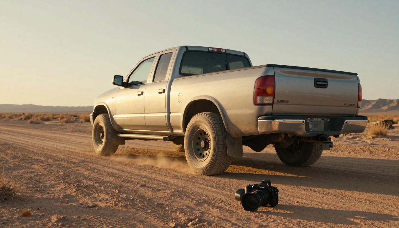 Pickup truck on a desert road at golden hour during a brochure photo shoot