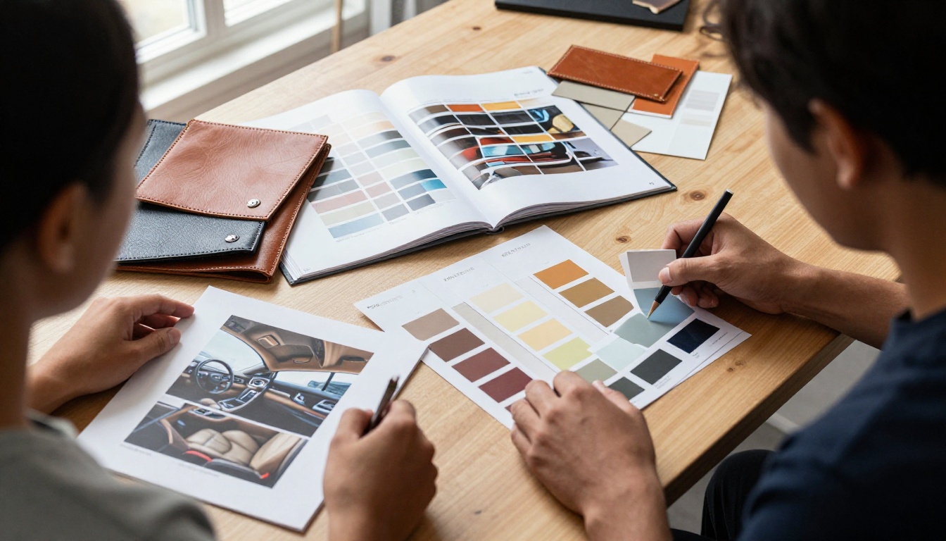 Designers comparing paint swatches, leather and fabric samples for a brochure
