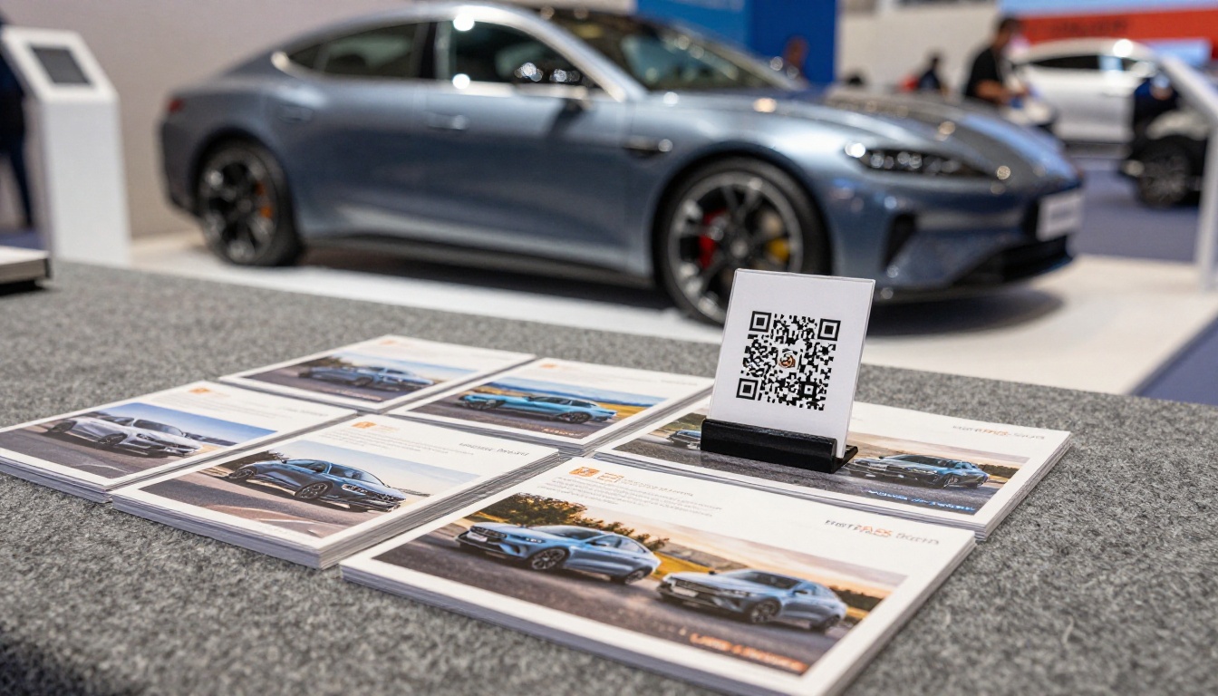 Trade show table with stacked car brochures and a QR code card holder