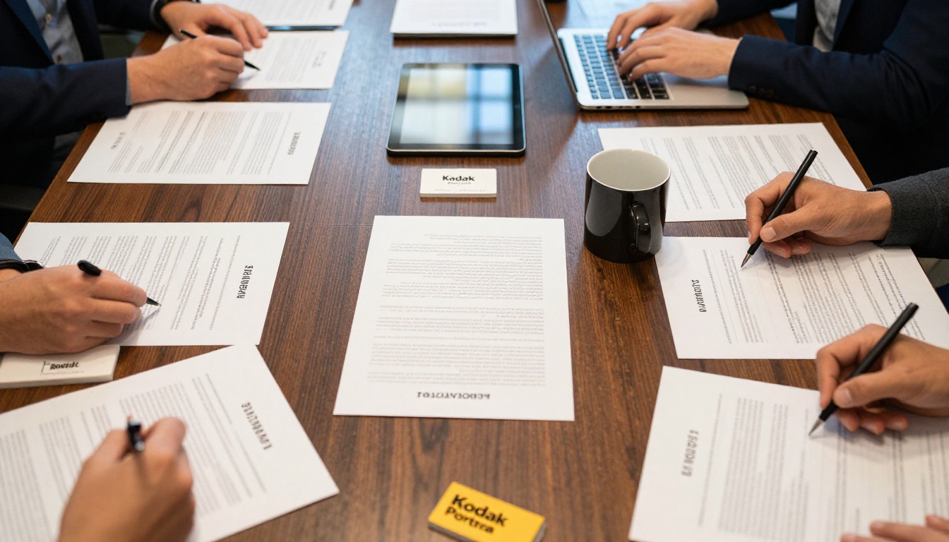 Two colleagues reviewing a printed brand voice sheet beside a whiteboard of sticky notes