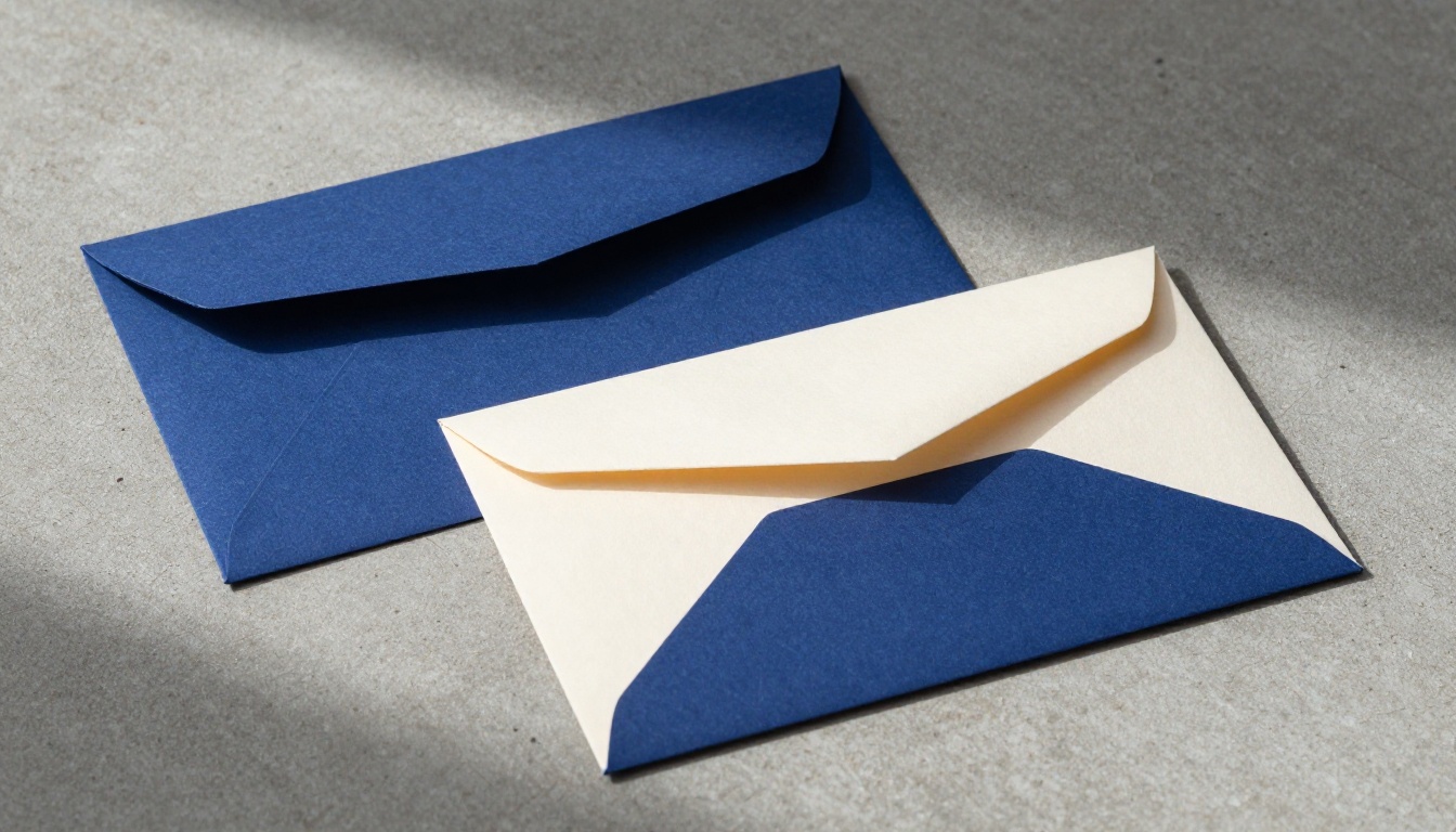 Branded stationery set in navy and cream on a concrete surface