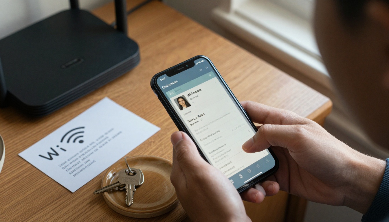 A guest checking Wi-Fi details on a phone near the router
