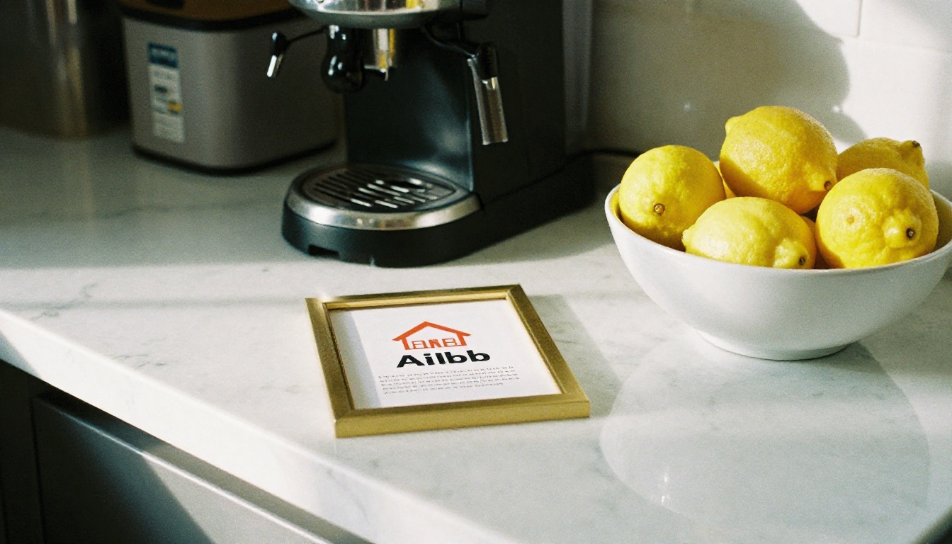 A kitchen counter with a framed house rules card