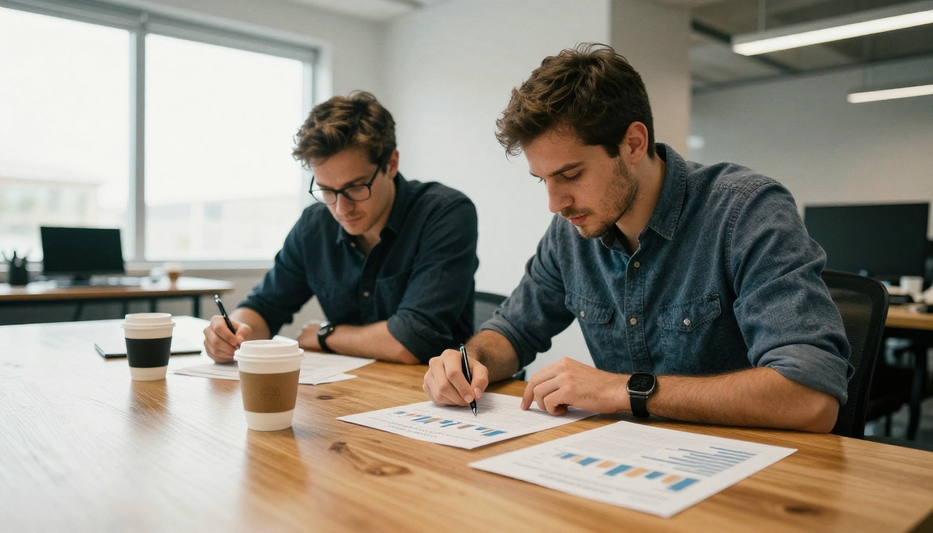 Founders reviewing printed financial charts